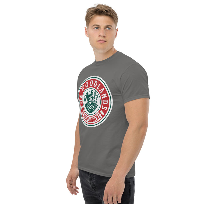 Man wearing a The Woodlands High School Highlanders Charcoal Classic Unisex T-shirt 219a