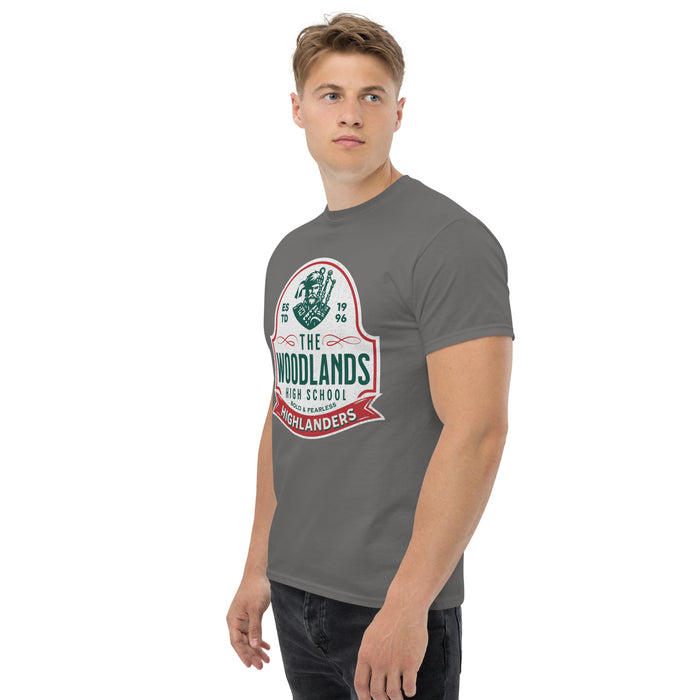 Man wearing a The Woodlands High School Highlanders Charcoal Classic Unisex T-shirt 218a