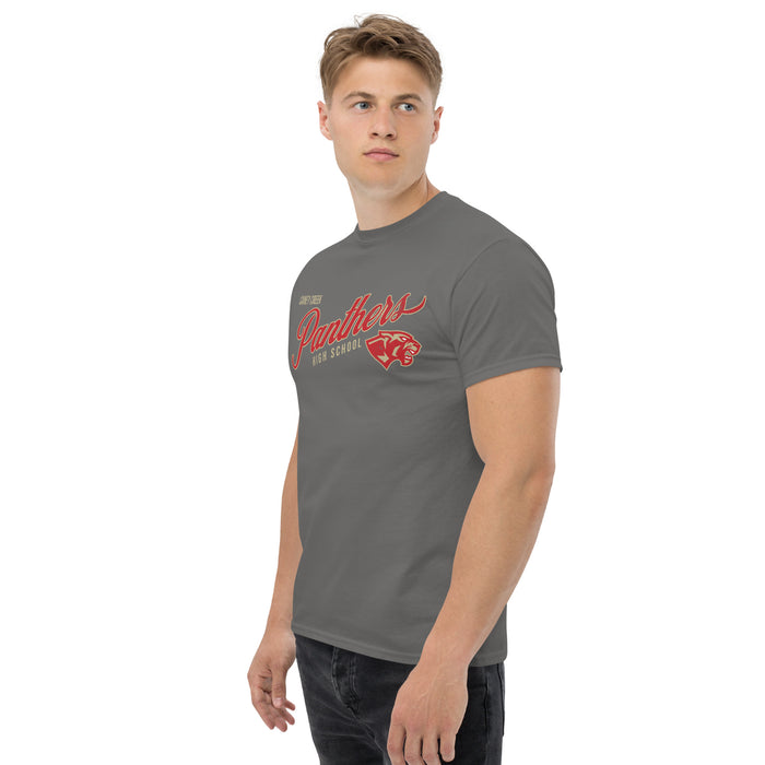 Man wearing Caney Creek High School Panthers Charcoal Classic Unisex T-shirt 223a