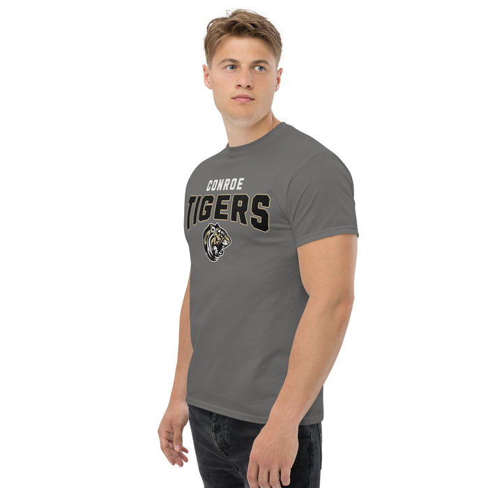 Man wearing Conroe High School Tigers Charcoal Classic Unisex T-shirt 221a