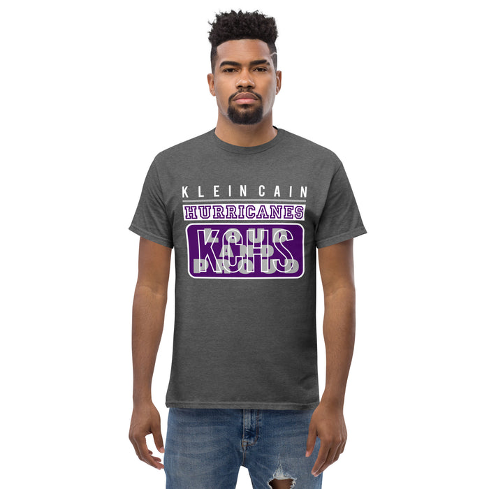 Man wearing a Klein Cain High School Hurricanes Dark Heather Classic T-shirt 86