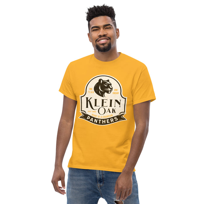 Man wearing a Klein Oak High School Panthers Classic Unisex Gold T-shirt 202