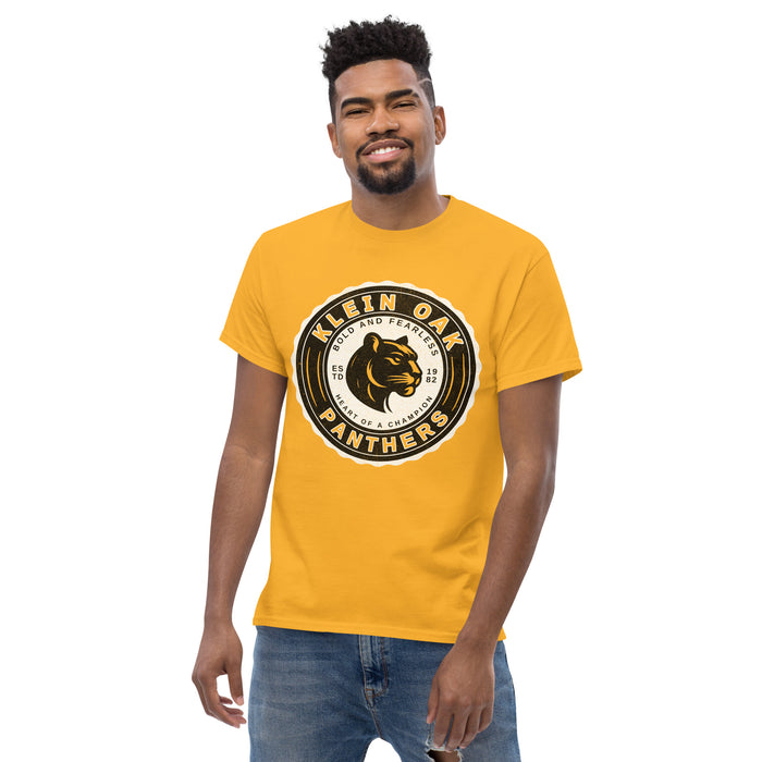 Man wearing a Klein Oak High School Panthers Classic Unisex Gold T-shirt 205