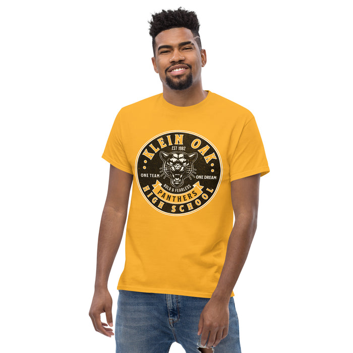 Man wearing a Klein Oak High School Panthers Classic Unisex Gold T-shirt 207