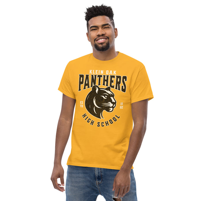 Man wearing a Klein Oak High School Panthers Classic Unisex Gold T-shirt 208