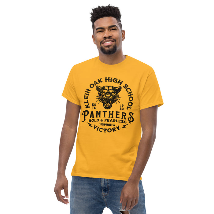 Man wearing a Klein Oak High School Panthers Classic Unisex Gold T-shirt 211