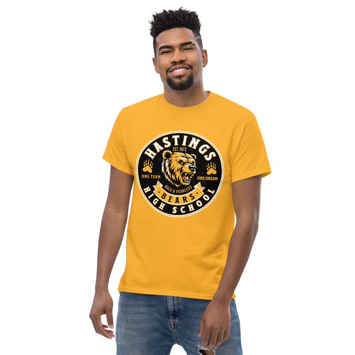 Man wearing Hastings High School Bears Gold Classic Unisex T-shirt 215