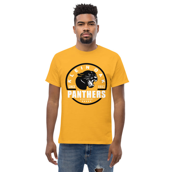 Man wearing a Klein Oak High School Panthers Classic Unisex Gold T-shirt 04