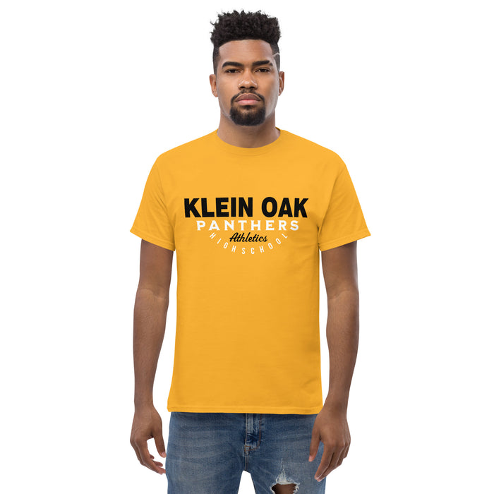 Man wearing a Klein Oak High School Panthers Classic Unisex Gold T-shirt 12