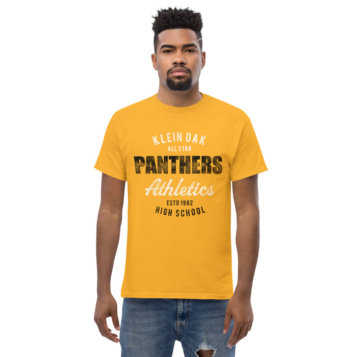 Man wearing a Klein Oak High School Panthers Classic Unisex Gold T-shirt 34