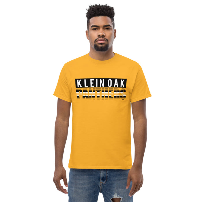 Man wearing a Klein Oak High School Panthers Classic Unisex Gold T-shirt 35