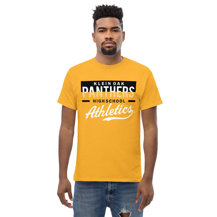 Man wearing a Klein Oak High School Panthers Classic Unisex Gold T-shirt 48