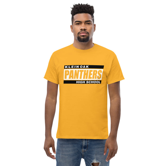 Man wearing a Klein Oak High School Panthers Classic Unisex Gold T-shirt 72