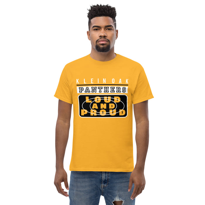 Man wearing a Klein Oak High School Panthers Classic Unisex Gold T-shirt 86