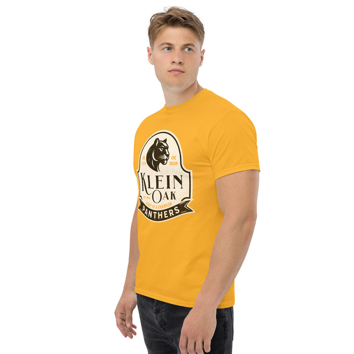 Man wearing a Klein Oak High School Panthers Classic Unisex Gold T-shirt 202a