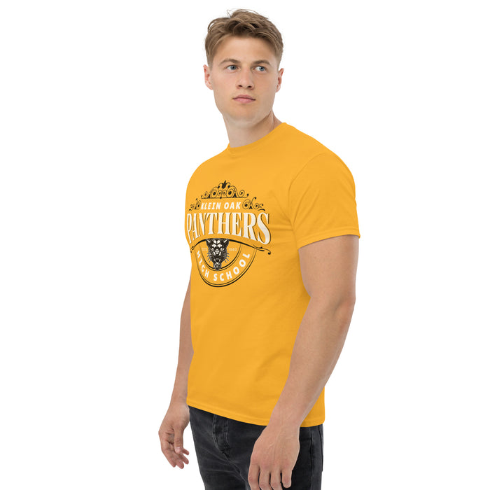 Man wearing a Klein Oak High School Panthers Classic Unisex Gold T-shirt 210