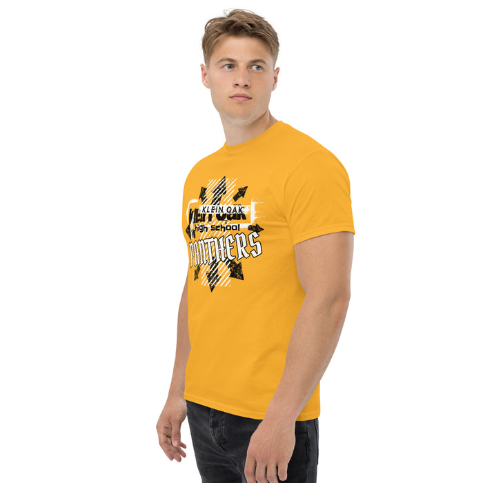 Man wearing a Klein Oak High School Panthers Classic Unisex Gold T-shirt 215a