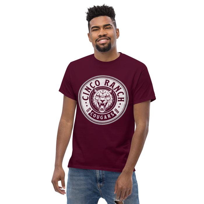 Man wearing a Cinco Ranch High School Cougars Classic Unisex Maroon T-shirt 211a