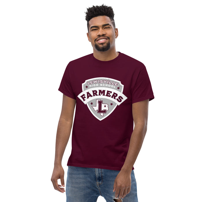 Man wearing Lewisville High School Farmers Maroon Classic Unisex T-shirt 221