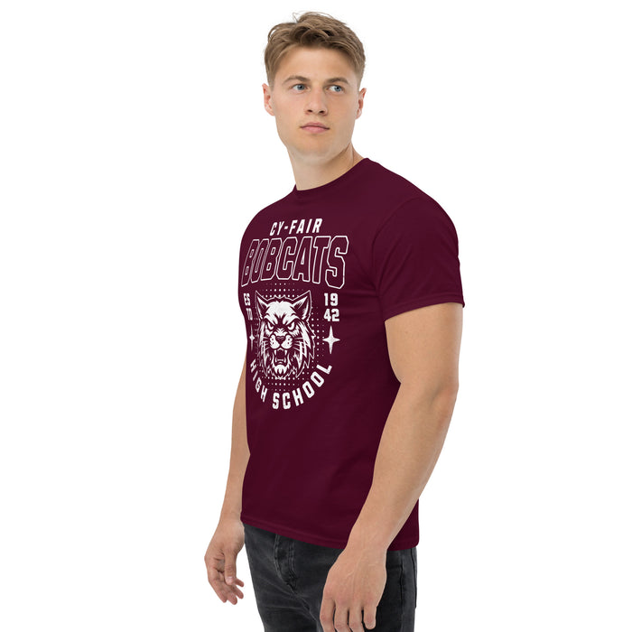 Man wearing Cy-Fair High School Bobcats Maroon Classic Unisex T-shirt 204a