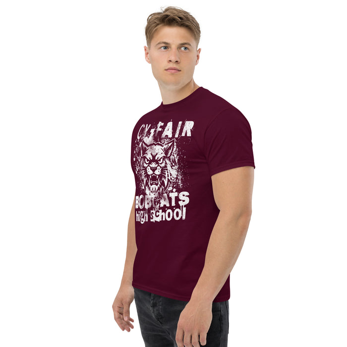 Man wearing Cy-Fair High School Bobcats Maroon Classic Unisex T-shirt 205a