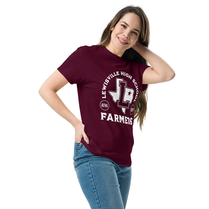 Woman wearing Lewisville High School Farmers Maroon Classic Unisex T-shirt 208