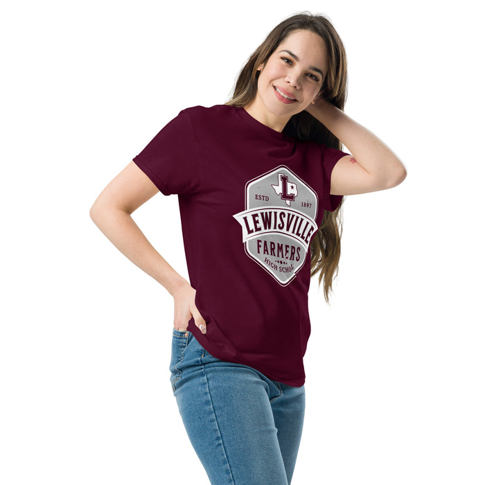 Woman wearing Lewisville High School Farmers Maroon Classic Unisex T-shirt 209