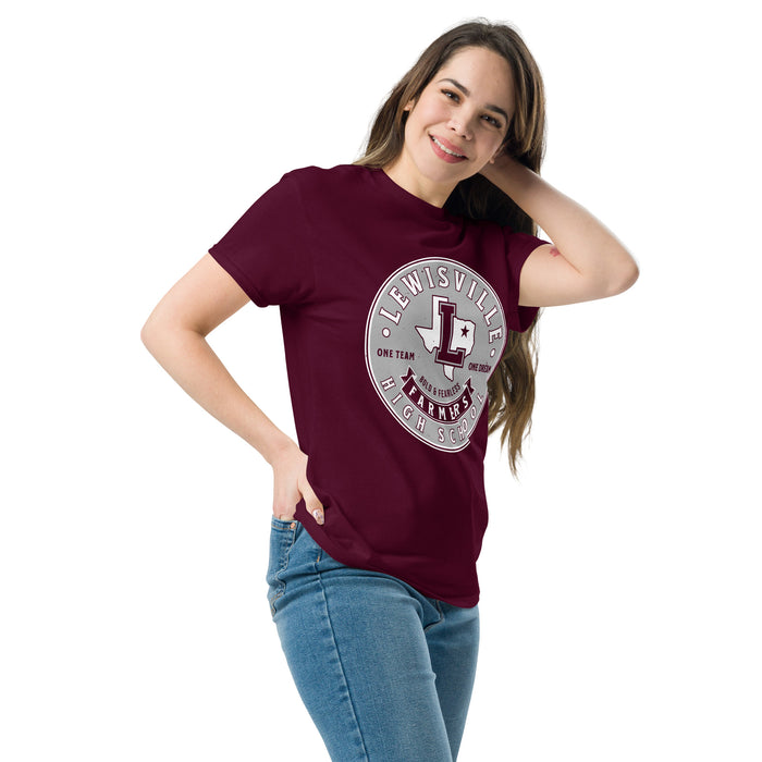 Woman wearing Lewisville High School Farmers Maroon Classic Unisex T-shirt 215