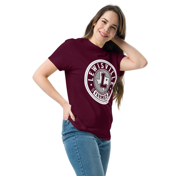 Woman wearing Lewisville High School Farmers Maroon Classic Unisex T-shirt 220