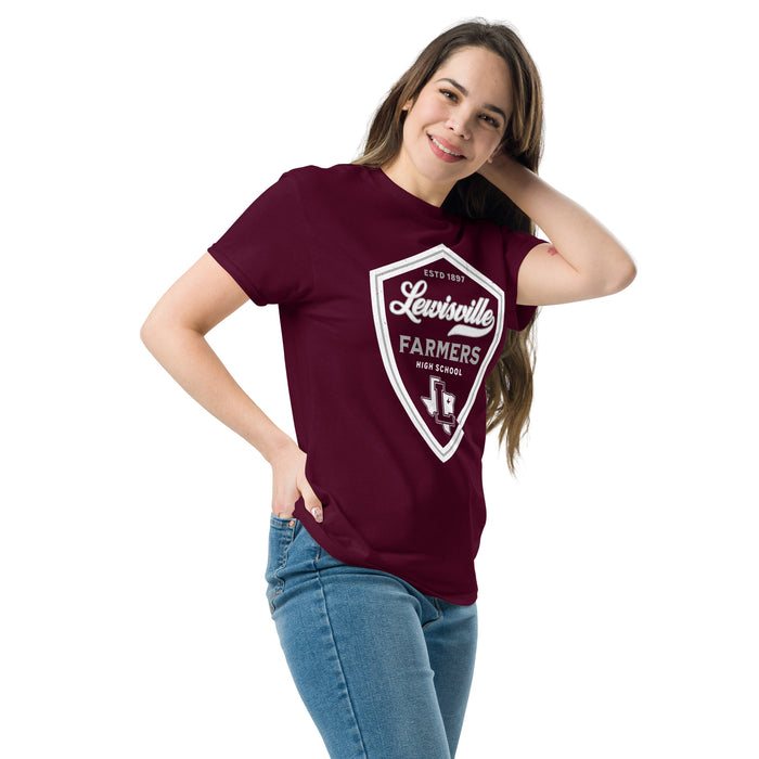 Woman wearing Lewisville High School Farmers Maroon Classic Unisex T-shirt 224