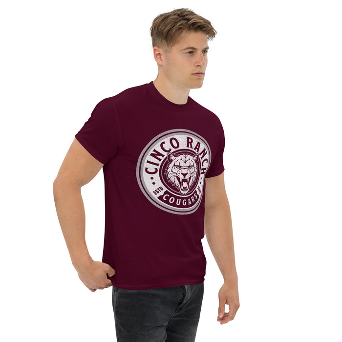 Man wearing a Cinco Ranch High School Cougars Classic Unisex Maroon T-shirt 211