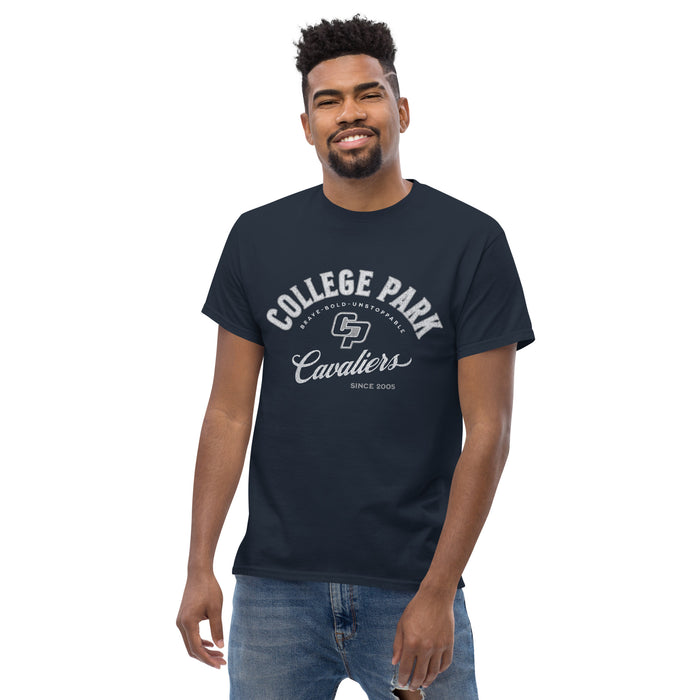 Man wearing a College Park High School Cavaliers Classic Unisex Navy T-shirt 201a