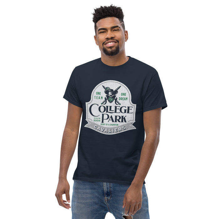 Man wearing a College Park High School Cavaliers Classic Unisex Navy T-shirt 208a