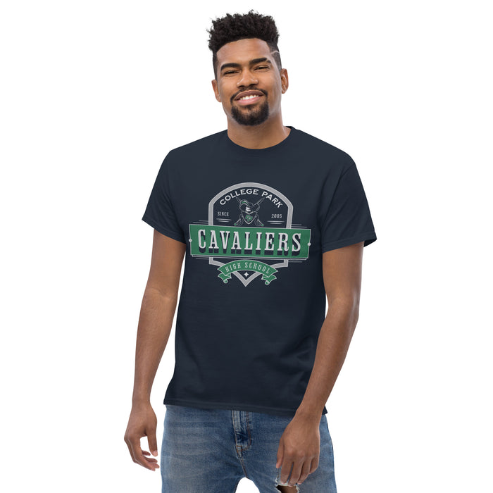 Man wearing a College Park High School Cavaliers Classic Unisex Navy T-shirt 223a