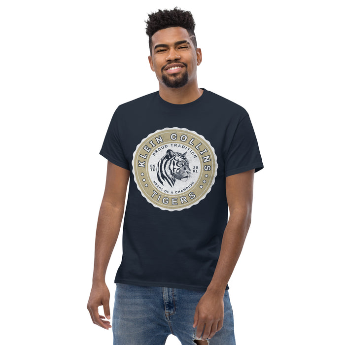 Man wearing a Klein Collins High School Tigers Classic Unisex Navy T-shirt 209a