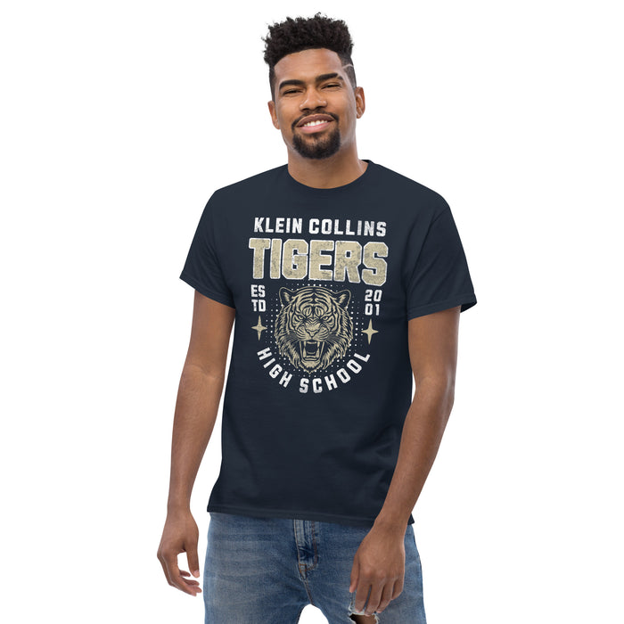 Man wearing a Klein Collins High School Tigers Classic Unisex Navy T-shirt 213a