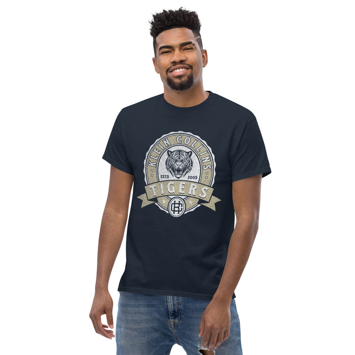 Man wearing a Klein Collins High School Tigers Classic Unisex Navy T-shirt 215a