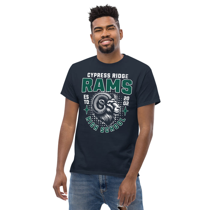 Man wearing Cypress Ridge High School Rams Navy Classic Unisex T-shirt 204