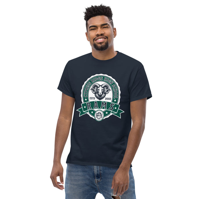 Man wearing Cypress Ridge High School Rams Navy Classic Unisex T-shirt 212