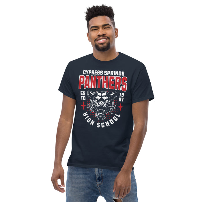 Man wearing Cypress Springs High School Panthers Navy Classic Unisex T-shirt 204