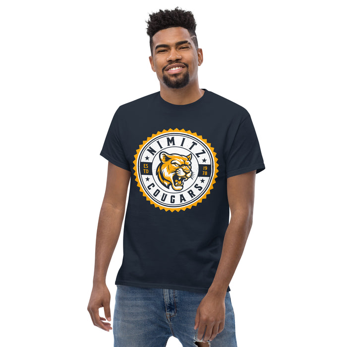 Man wearing Nimitz High School Cougars Navy Blue Classic Unisex T-shirt 203