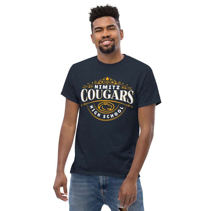 Man wearing Nimitz High School Cougars Navy Blue Classic Unisex T-shirt 211