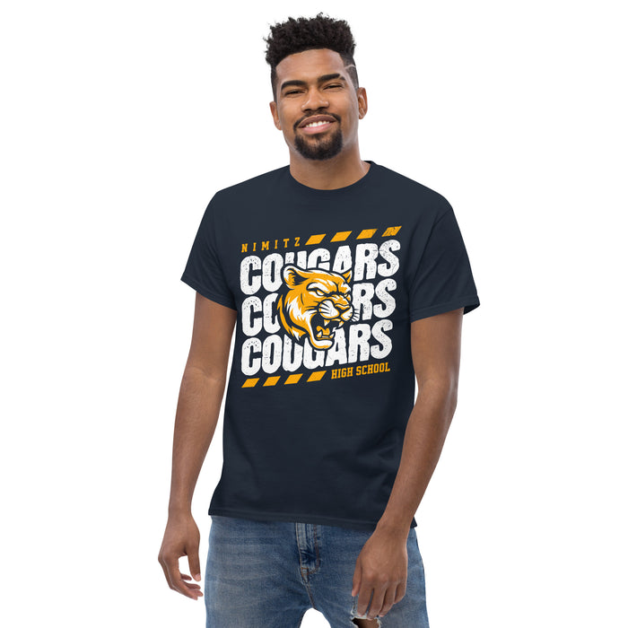 Man wearing Nimitz High School Cougars Navy Blue Classic Unisex T-shirt 223