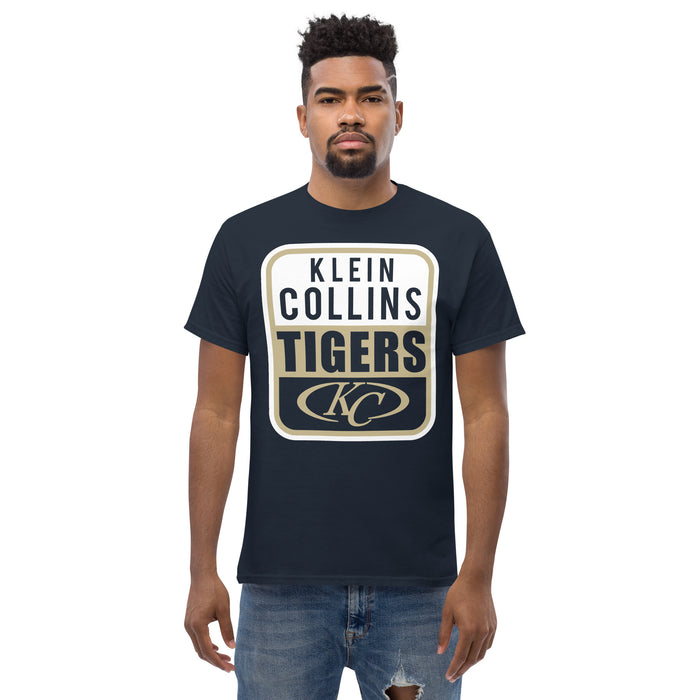 Man wearing a Klein Collins High School Tigers Classic Unisex Navy T-shirt 01