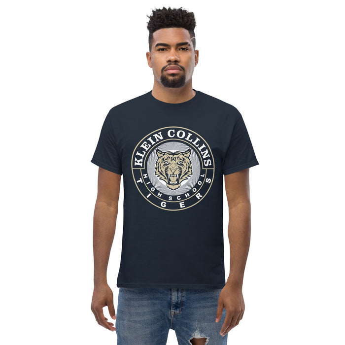 Man wearing a Klein Collins High School Tigers Classic Unisex Navy T-shirt 02