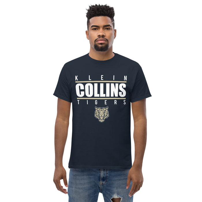 Man wearing a Klein Collins High School Tigers Classic Unisex Navy T-shirt 07