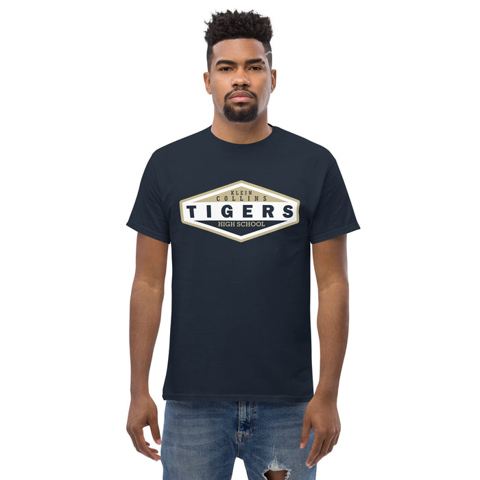 Man wearing a Klein Collins High School Tigers Classic Unisex Navy T-shirt 09