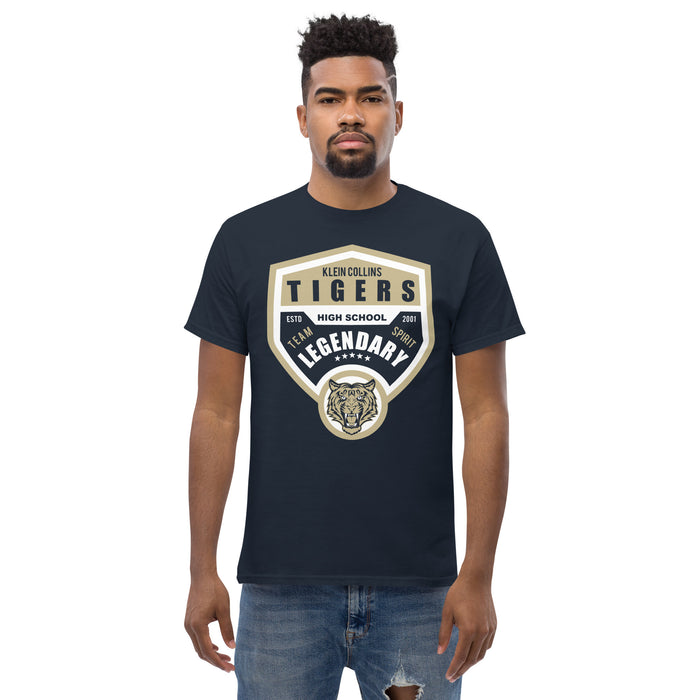 Man wearing a Klein Collins High School Tigers Classic Unisex Navy T-shirt 14