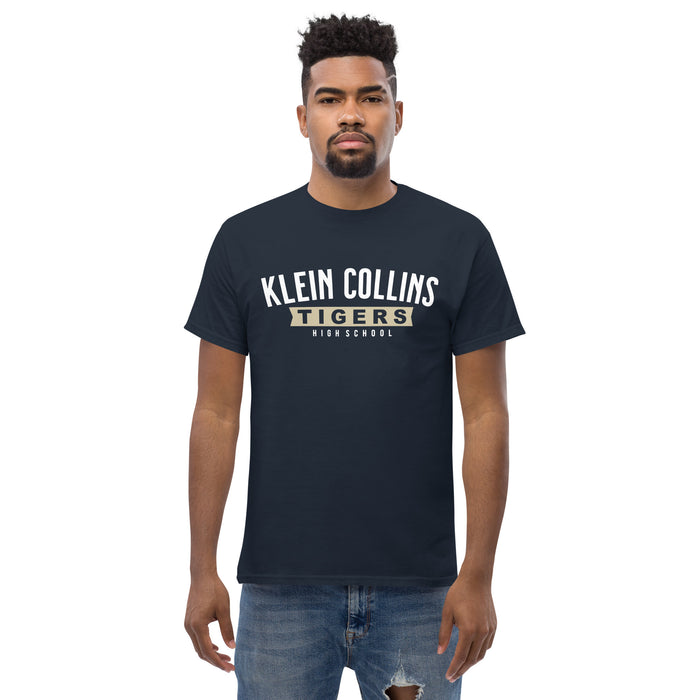 Man wearing a Klein Collins High School Tigers Classic Unisex Navy T-shirt 21