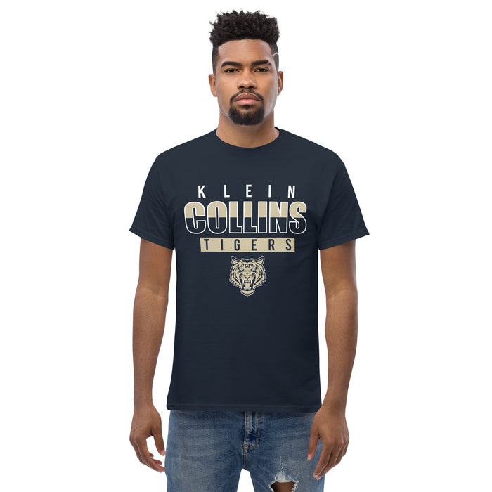 Man wearing a Klein Collins High School Tigers Classic Unisex Navy T-shirt 23